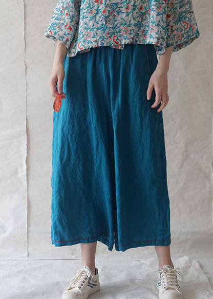 Lässige blaue Leinenhose mit weitem Bein und Taschen für den Sommer RE020