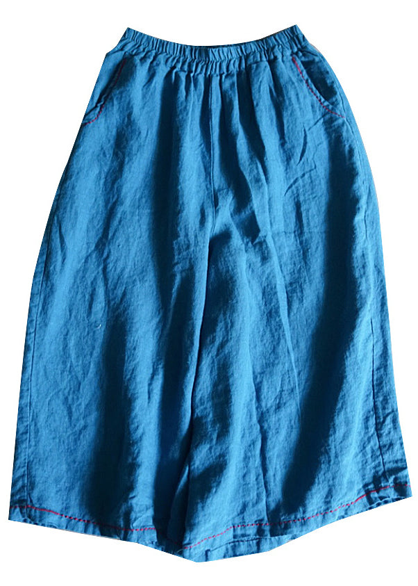 Lässige blaue Leinenhose mit weitem Bein und Taschen für den Sommer RE020