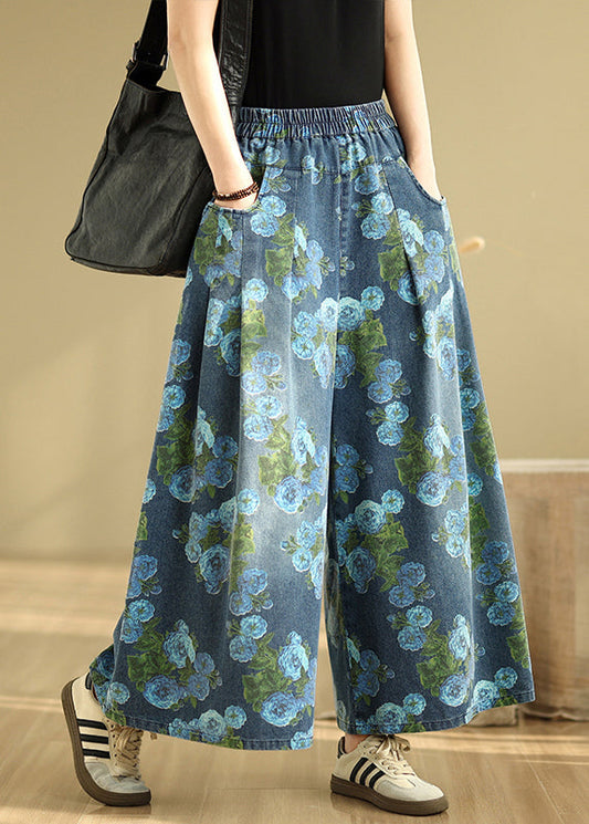 Denim Wide Print Pockets Casual Blue Pants Drop Leg