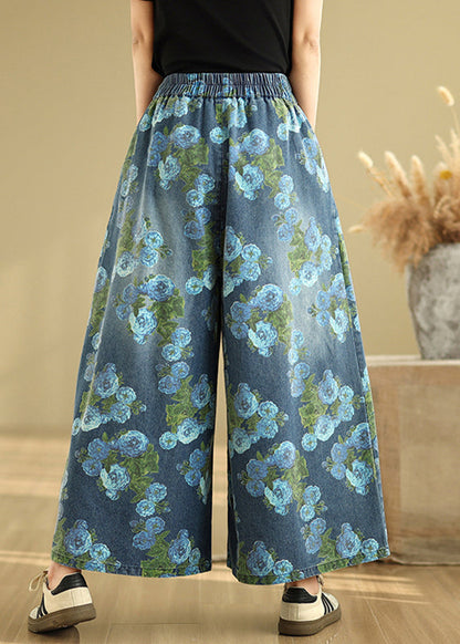 Denim Wide Print Pockets Casual Blue Pants Drop Leg