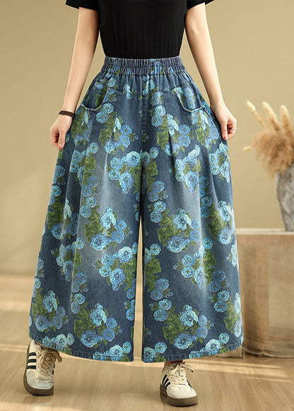 Denim Wide Print Pockets Casual Blue Pants Drop Leg