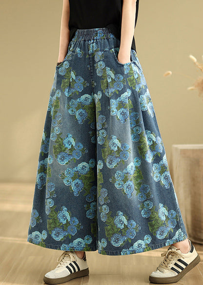 Denim Wide Print Pockets Casual Blue Pants Drop Leg