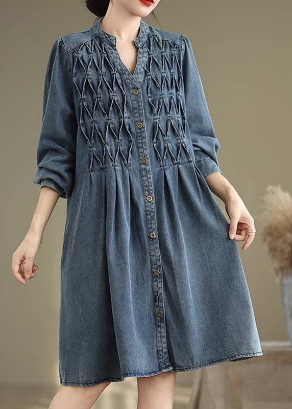 Button Casual Long Blue Sleeve Lantern Collar Stand Dress
