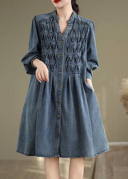 Button Casual Long Blue Sleeve Lantern Collar Stand Dress