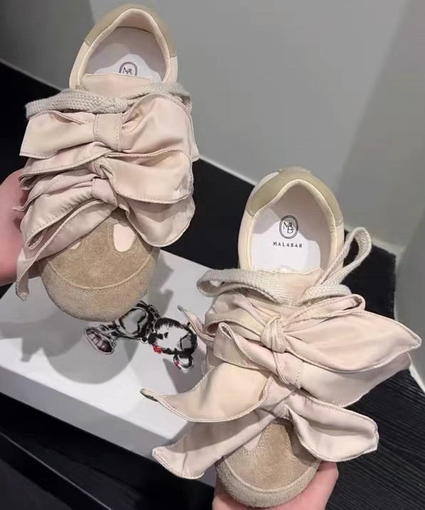 Suede Splicing Women Shoes Apricot Bow Casual Flat For