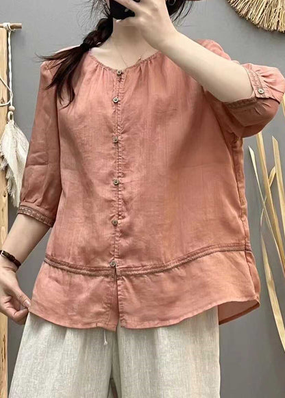 Blouse Cotton Embroidered Brick Tops Patchwork Red Casual Summer