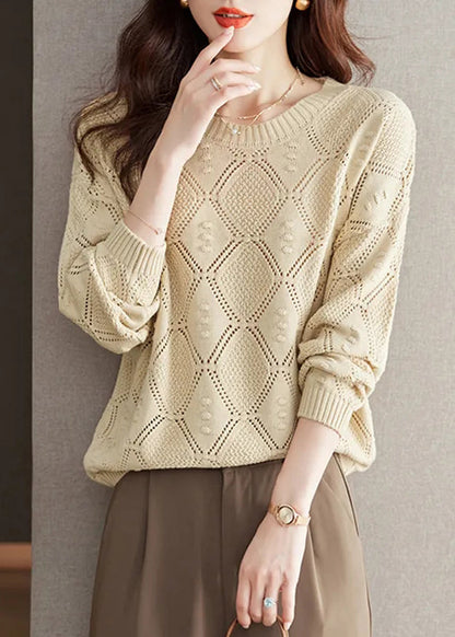 Casual Brick Red O Neck Hollow Out Knitted Tops Fall QI030