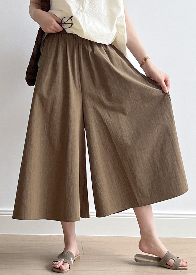 Casual Brown Pockets Elastic Waist Cotton Crop Wide Leg Pants Summer QB003