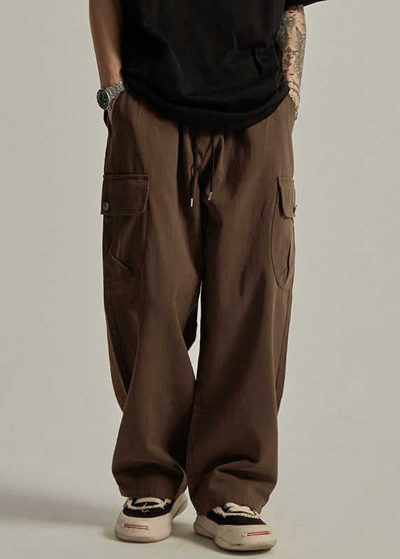 Cotton Casual Summer Waist Brown Elastic Pockets Men Pants