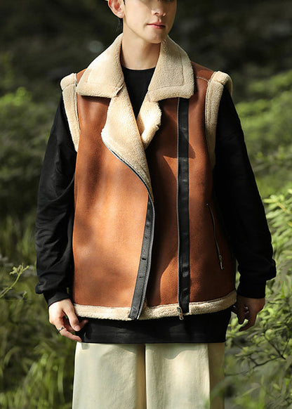 Casual Brown Zippered Warm Fleece Faux Suede Men Vests Spring TK017
