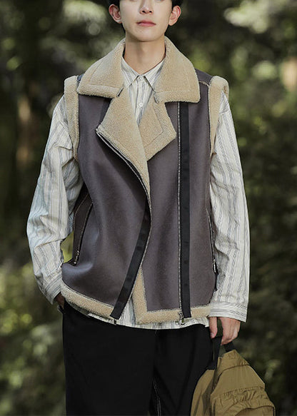 Casual Brown Zippered Warm Fleece Faux Suede Men Vests Spring TK017