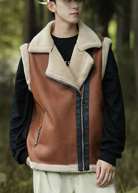 Casual Brown Zippered Warm Fleece Faux Suede Men Vests Spring TK017