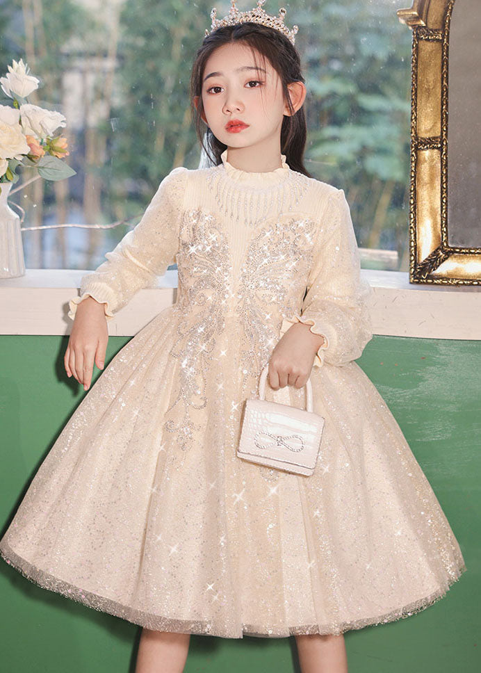 Robe longue décontractée en tulle à col montant et perles pour enfants, couleur champagne, automne QV020