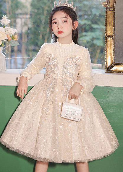 Robe longue décontractée en tulle à col montant et perles pour enfants, couleur champagne, automne QV020