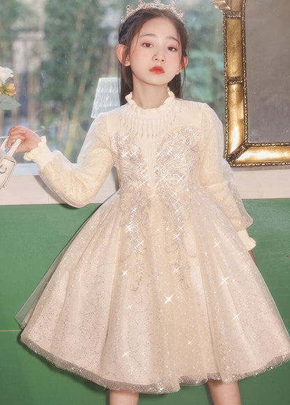 Robe longue décontractée en tulle à col montant et perles pour enfants, couleur champagne, automne QV020