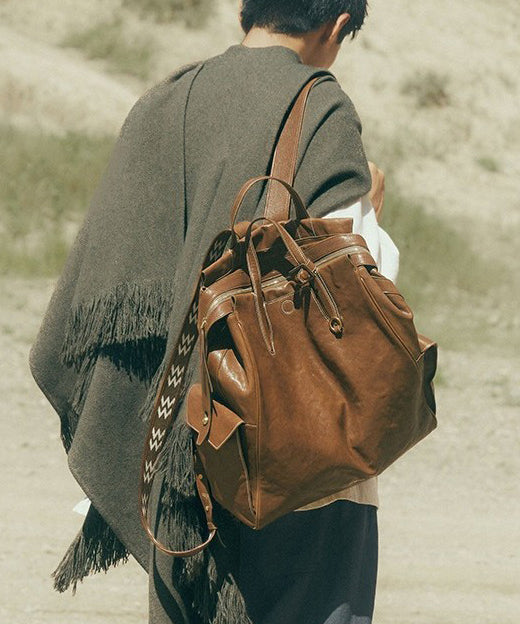 Oversize Casual Leather Solid Bag Backpack Chocolate Durable