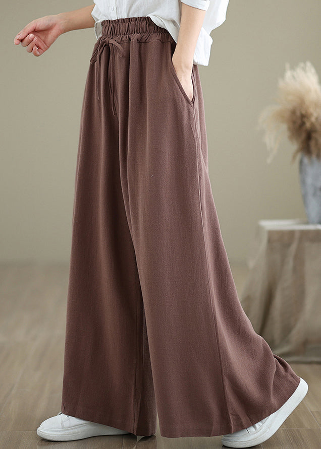 Casual Coffee Pockets Drawstring Cotton Wide Leg Pants Fall QO044