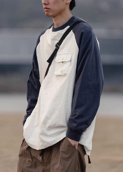 Shirts Dark Patchwork Men Neck O Casual Gray T Cotton Pockets