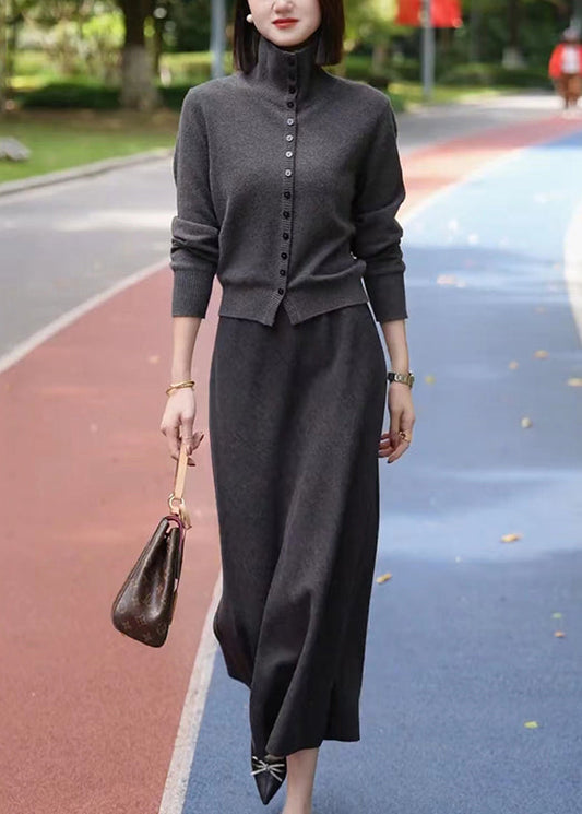 Casual Dark Grey Stand Collar Cotton Knit Cardigans And Maxi Skirts Two Piece Set Winter RF035