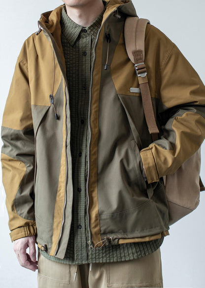 Cotton Khaki Casual Patchwork Hooded Coat Dark Pockets Spring Men