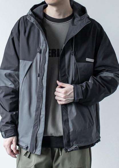 Cotton Khaki Casual Patchwork Hooded Coat Dark Pockets Spring Men