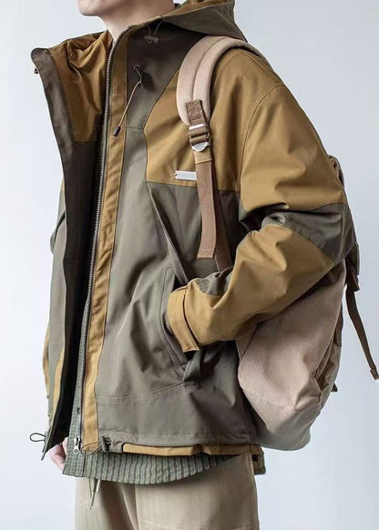 Cotton Khaki Casual Patchwork Hooded Coat Dark Pockets Spring Men