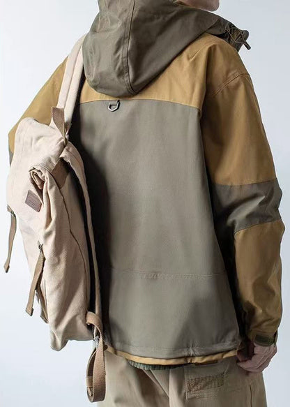 Cotton Khaki Casual Patchwork Hooded Coat Dark Pockets Spring Men