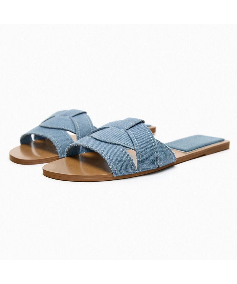 Slippers Flat Peep Toes Cross Denim Casual Toe Summer Blue Strap