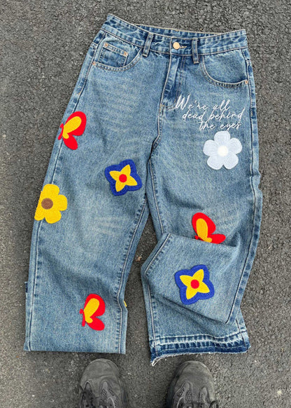 Pantalon taille haute décontracté en denim bleu brodé à fleurs SA006