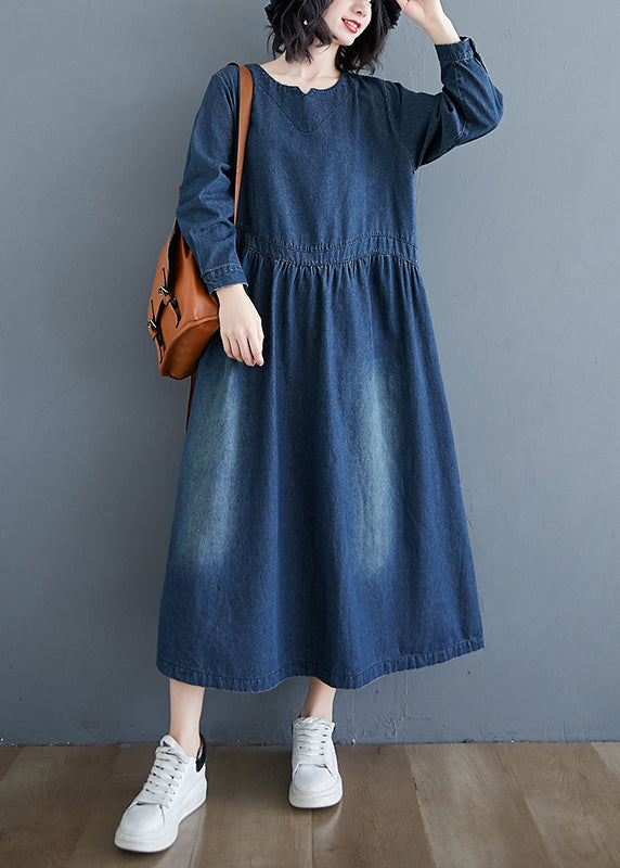 Robe longue décontractée en denim bleu patchwork à manches longues GH1072