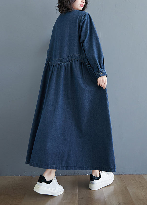 Robe longue décontractée en denim bleu patchwork à manches longues GH1072