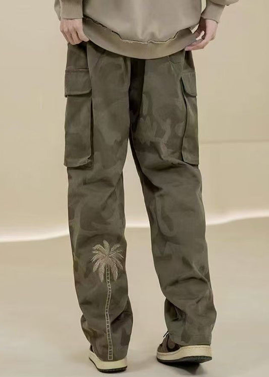 Casual Camouflage Pants Embroideried Green Pockets Mens Cotton