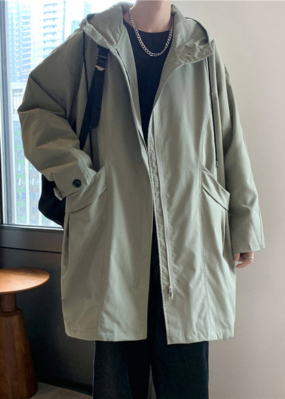 Casual Green Hooded Zippered Pockets Cotton Men Coat Spring YQ015