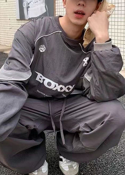 Shirt T Letter Cotton Casual Drawstring Patchwork Green Mens