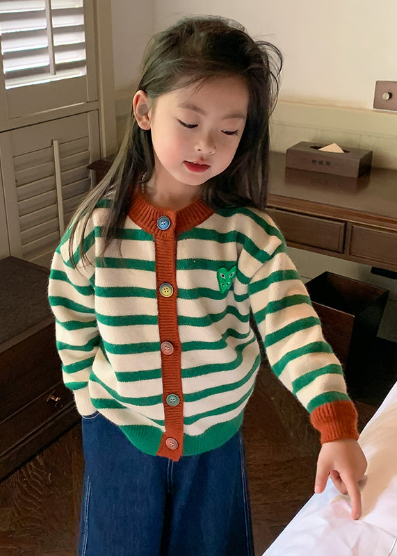 Casual Green O-Neck Striped Button Cotton Knit Kids Cardigan Winter WL035