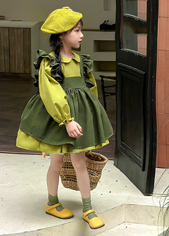 Lässiges grünes Set mit Peter-Pan-Kragen und Rüschen für Kinder, lange Weste und mittellanges Kleid, zweiteiliges Set mit langen Ärmeln SS1033