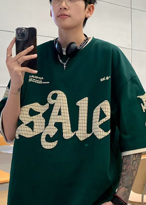 Casual Summer Print Pieces Green Two False Mens Shirt Cotton T