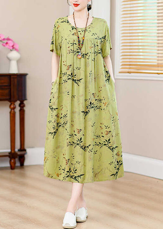 Robe longue décontractée en soie et coton avec poches et imprimé vert pour l'été QB013