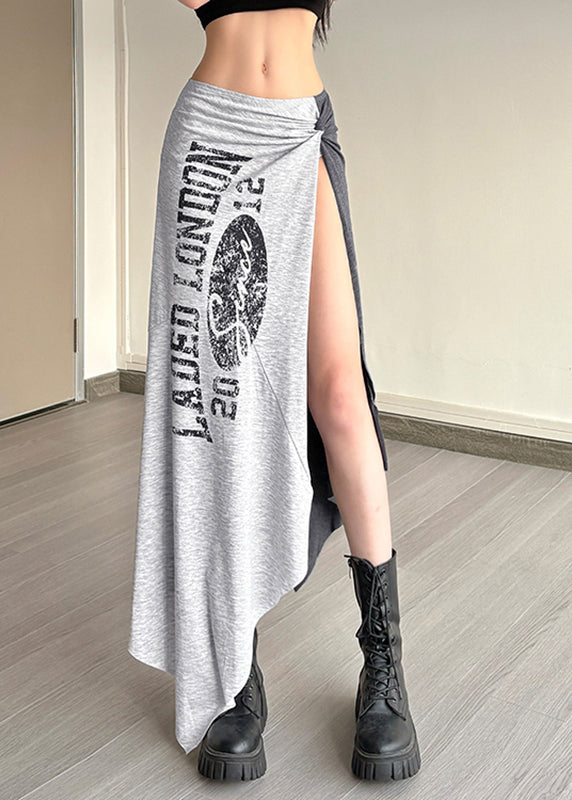 Casual Wrinkled Asymmetrical Tassel Maxi Graphic Skirts Grey