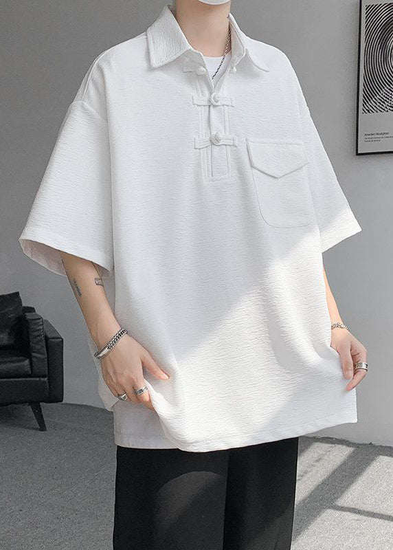 Grey Casual Half Cotton Pockets Button Oversized Polo Shirt Men