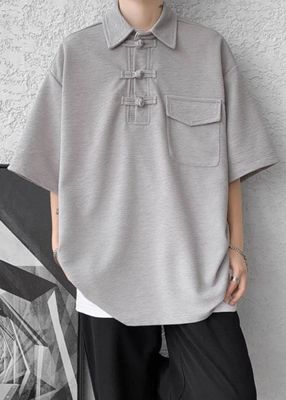 Grey Casual Half Cotton Pockets Button Oversized Polo Shirt Men