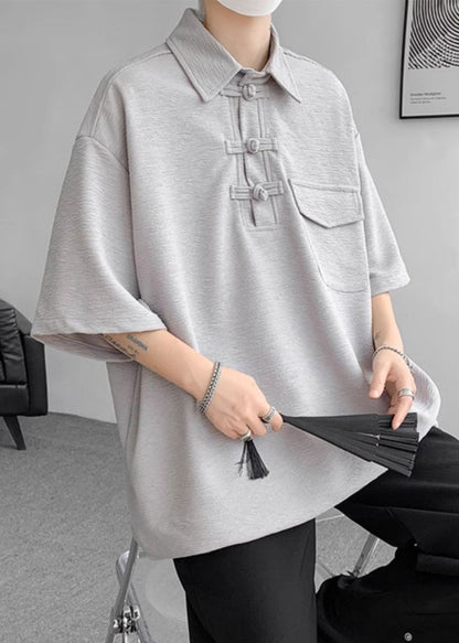 Grey Casual Half Cotton Pockets Button Oversized Polo Shirt Men