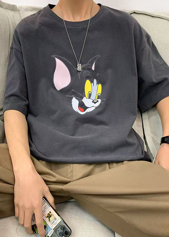 Shirt Cotton Summer Cats Grey T Casual Men Print