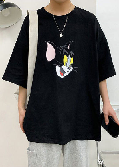 Shirt Cotton Summer Cats Grey T Casual Men Print
