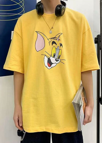 Shirt Cotton Summer Cats Grey T Casual Men Print