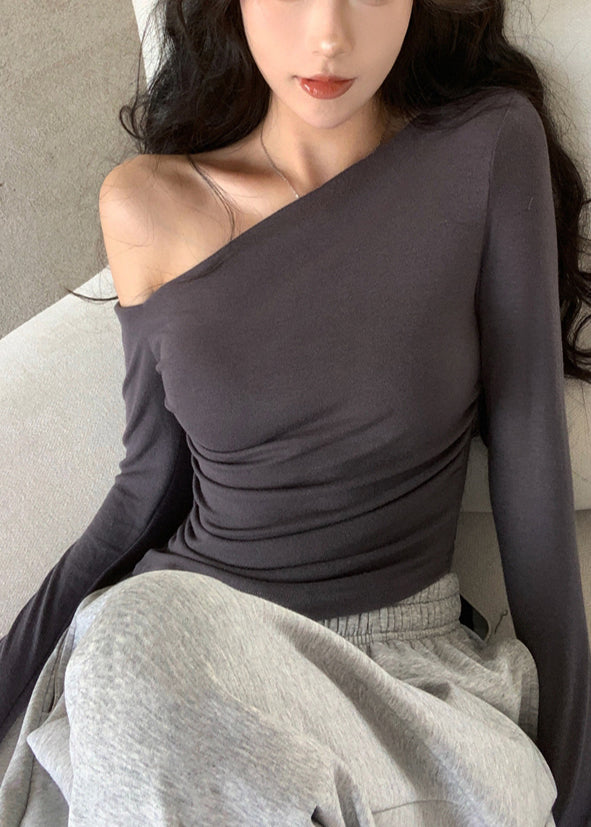 Cotton Grey Casual Fall Cold Shoulder Top