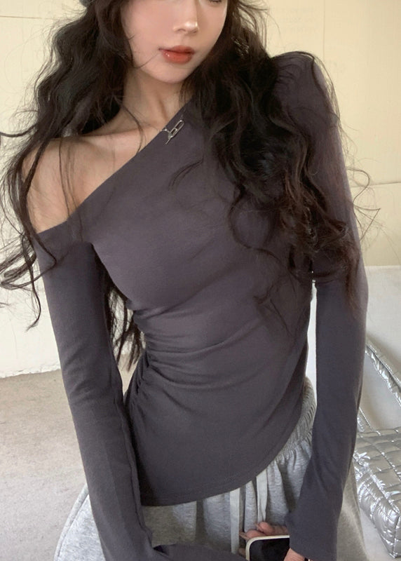 Cotton Grey Casual Fall Cold Shoulder Top