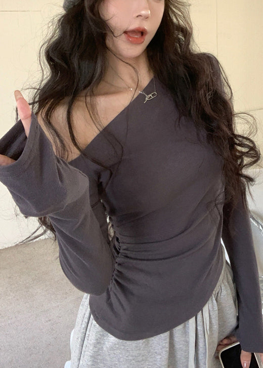 Cotton Grey Casual Fall Cold Shoulder Top