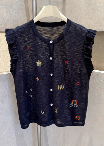 Sleeveless Casual Embroideried Button Down Cotton Grey Vests