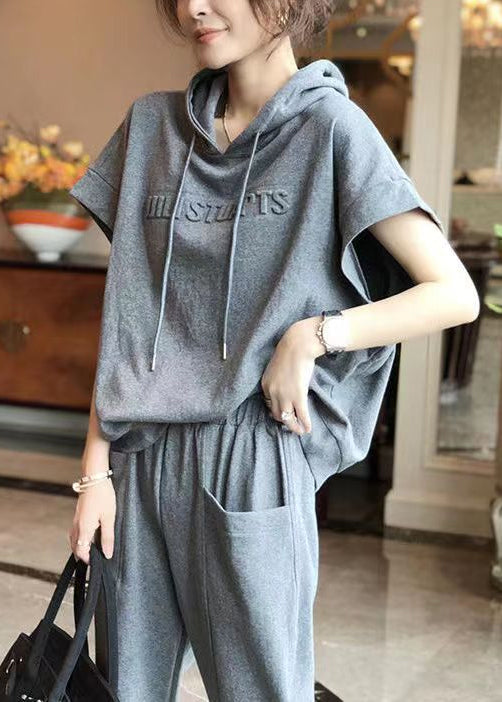 Casual Grey Hooded Sport Suit Cotton Two Pieces Set Summer BV046